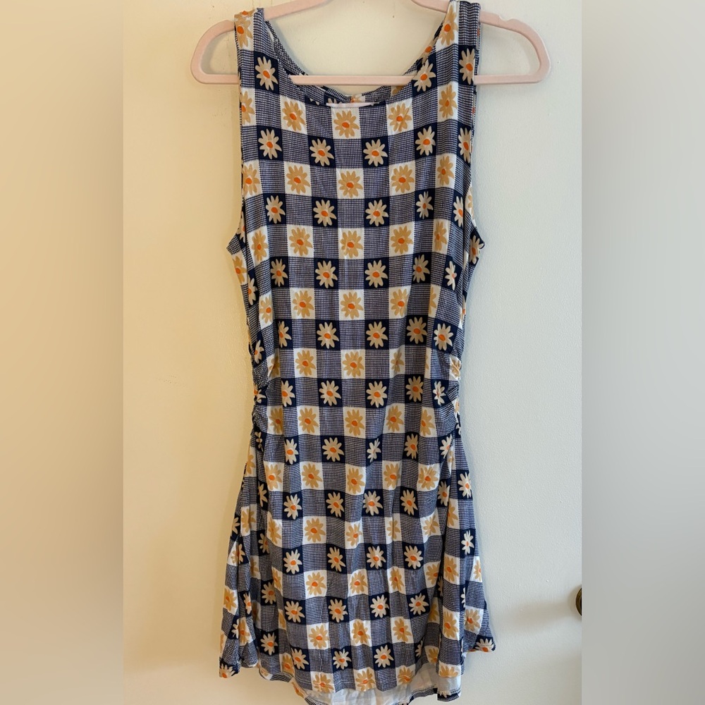 Lisa Says Gah Navy Blue Check & Daisy Print Summer Dress